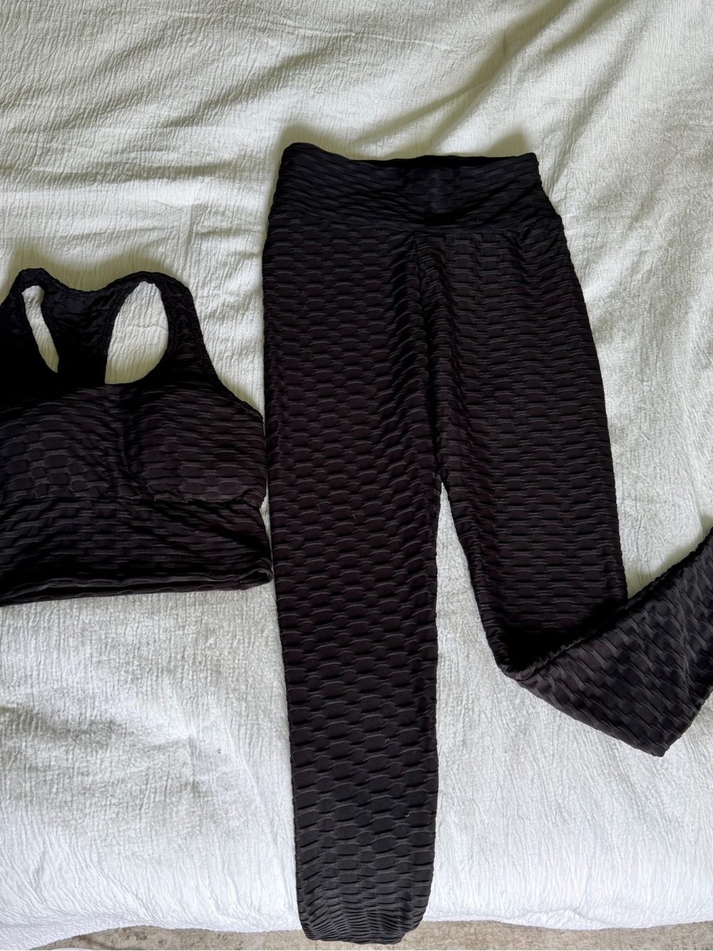Black Women's Textured Leggings and Sports Bra Set